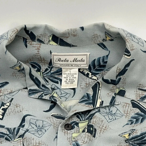 Men’s 100% Silk Shirt Poeta Moda Beach Shirt Size L Palm Trees - Picture 2 of 6